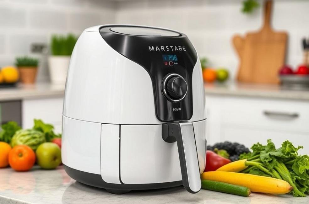 Fritadeira sem óleo em uma cozinha moderna com ingredientes frescos.