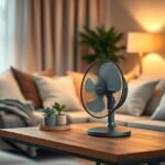 Ambiente aconchegante apresentando ventilador de mesa que proporciona frescor.