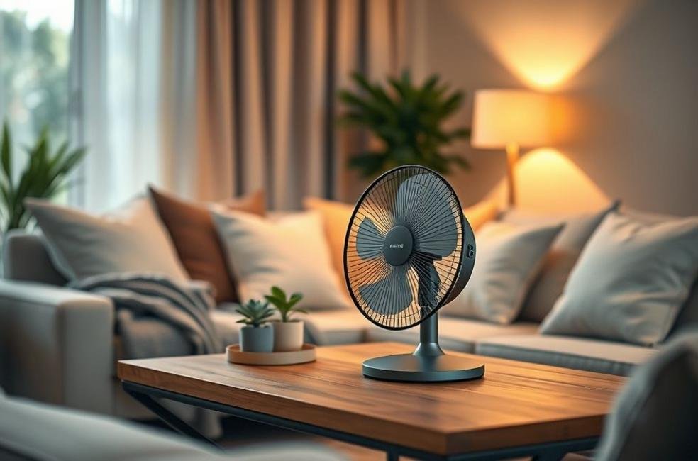 Ambiente aconchegante apresentando ventilador de mesa que proporciona frescor.