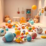Área de brincar com chocalhos e brinquedos macios para bebês.