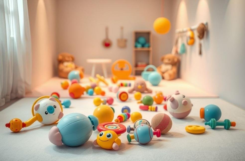 Área de brincar com chocalhos e brinquedos macios para bebês.