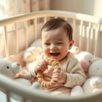 Bebê dormindo feliz com mordedor.