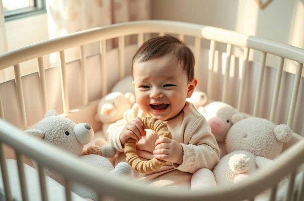 Bebê dormindo feliz com mordedor.