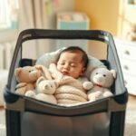 Bebê dormindo tranquilamente em berço portátil.