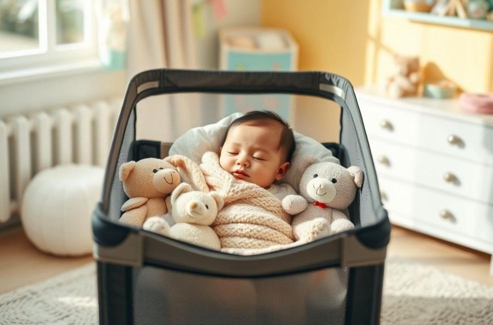 Bebê dormindo tranquilamente em berço portátil.