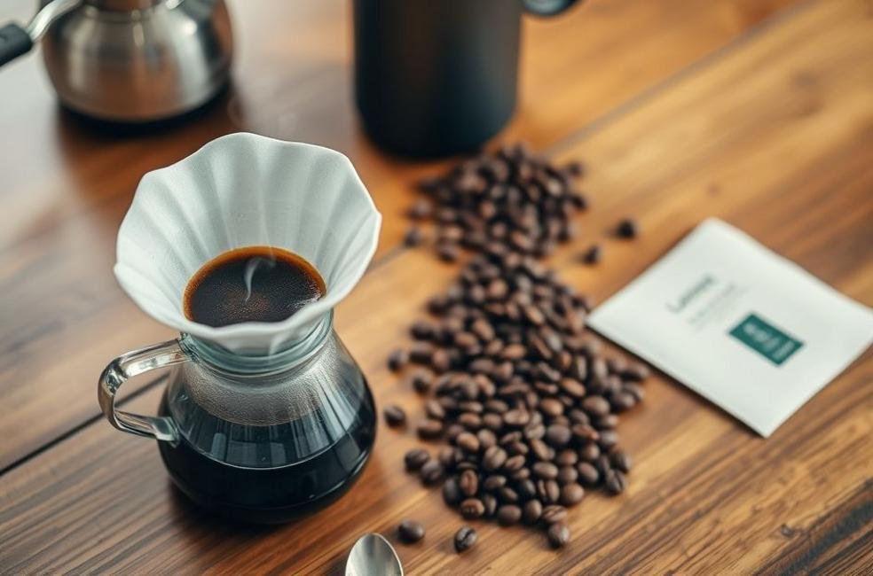 Arranjo para preparo de café V60 com xícara e grãos.