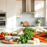 Cozinha luminosa e moderna com eletrodomésticos organizados e funcionais.