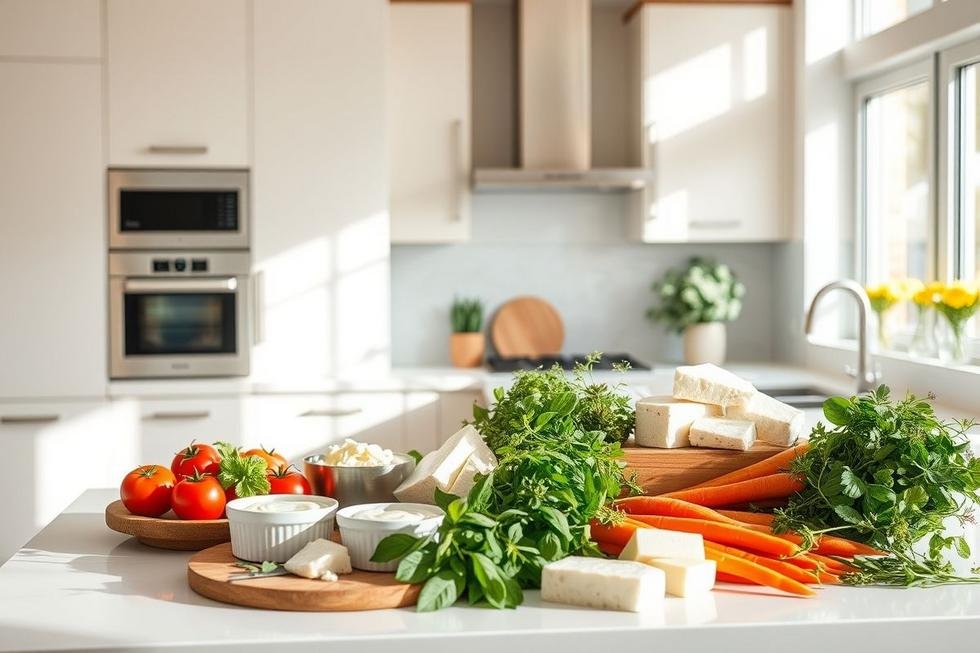 Cozinha luminosa e moderna com eletrodomésticos organizados e funcionais.