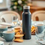 Mesa com garrafa térmica e xícaras elegantes.