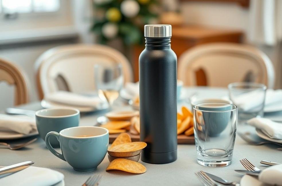 Mesa com garrafa térmica e xícaras elegantes.