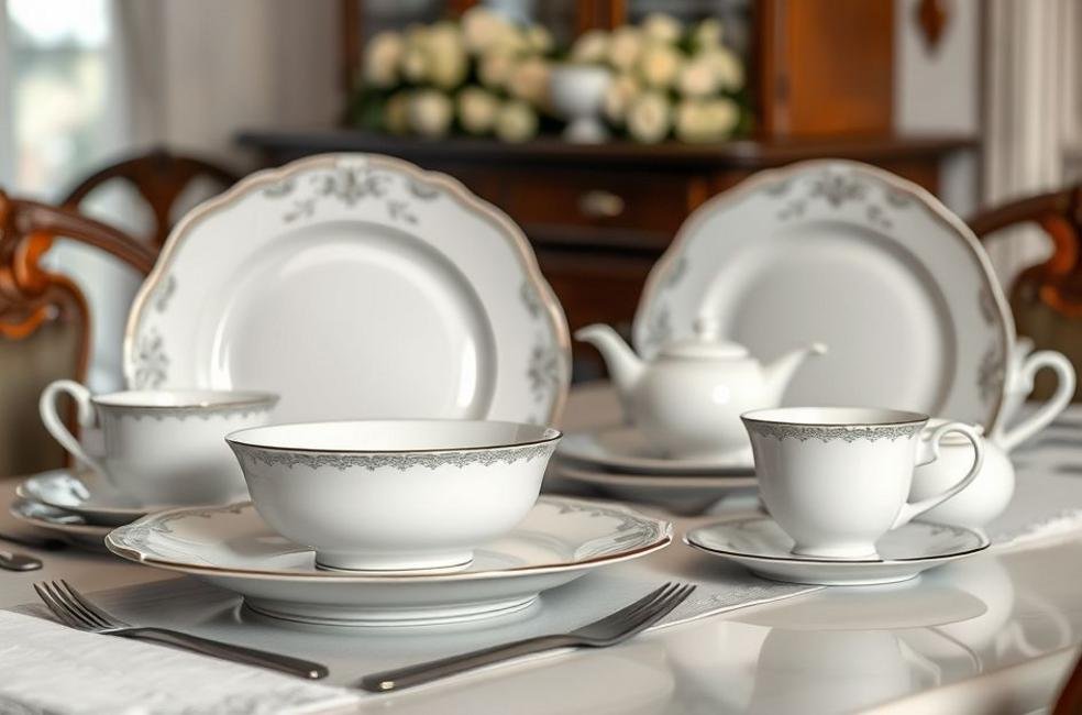 Louça de porcelana elegante exibida em uma mesa de jantar.