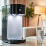 Bebedouro de água moderno com um copo de água ao lado.