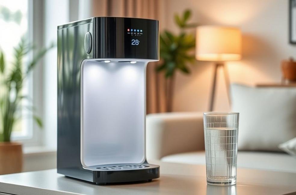 Bebedouro de água moderno com um copo de água ao lado.