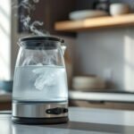 Chaleira elétrica moderna fervendo água em uma cozinha contemporânea.