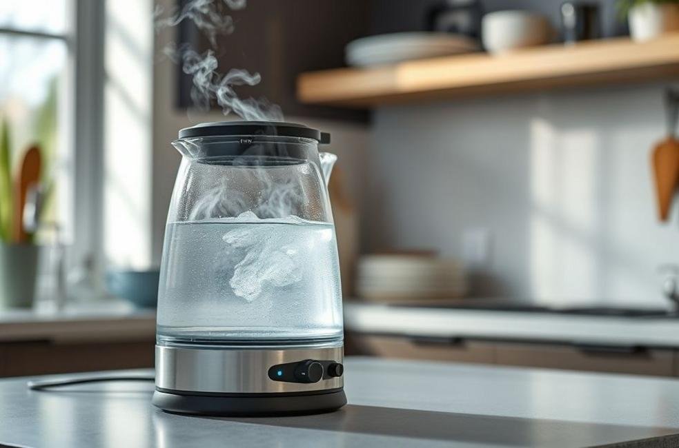 Chaleira elétrica moderna fervendo água em uma cozinha contemporânea.