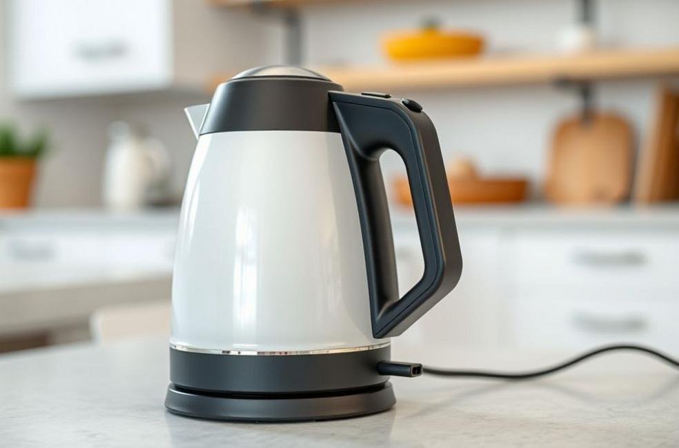 Chaleira elétrica em uma cozinha minimalista, demonstrando inovação e praticidade.