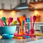 Vários utensílios de cozinha em silicone organizados em uma mesa.