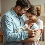 Um pai envolvendo seu bebê em um cueiro macio.