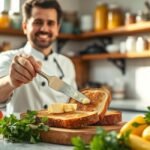Cozinheiro aplicando manteiga em torradas com uma espátula para manteiga.