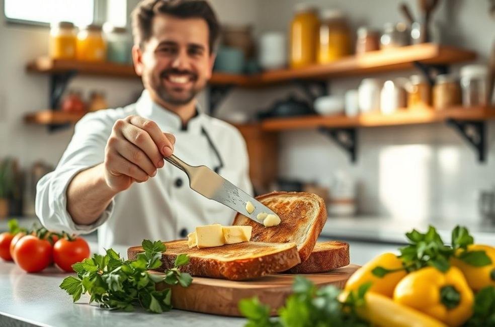 Cozinheiro aplicando manteiga em torradas com uma espátula para manteiga.