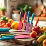 Uma cena de cozinha convidativa com facas antiaderentes coloridas.