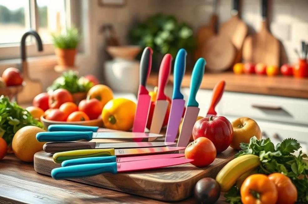 Uma cena de cozinha convidativa com facas antiaderentes coloridas.
