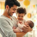 Um pai feliz utilizando lenços umedecidos Pampers com seu bebê, simbolizando cuidados e carinho.