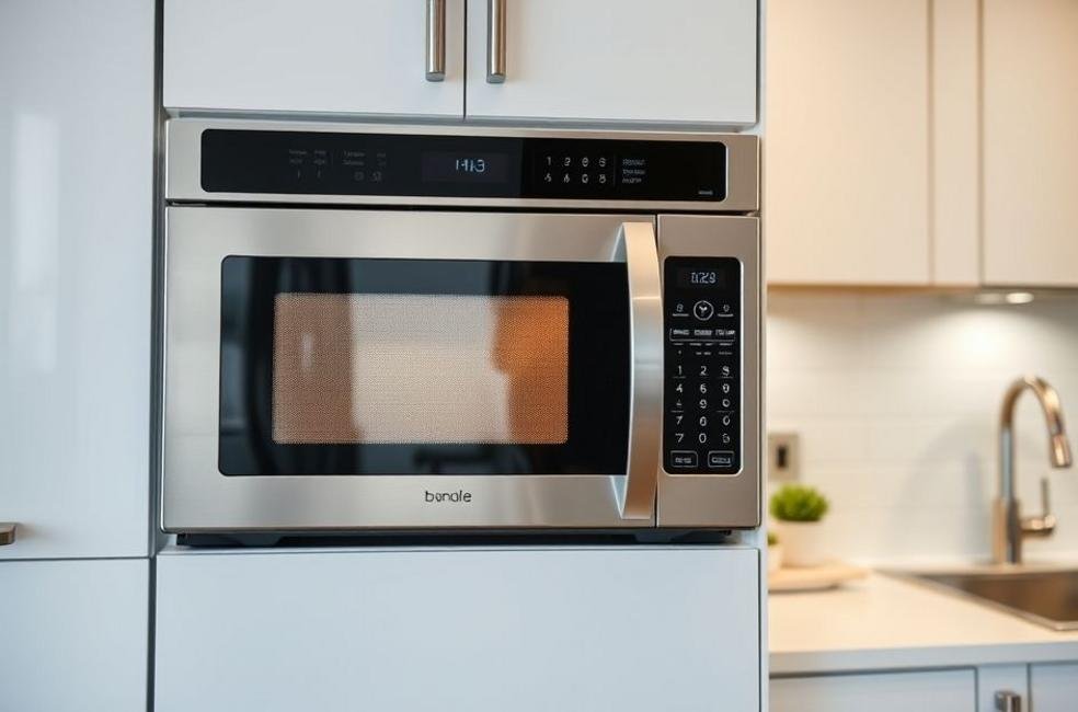 Forno micro-ondas moderno em uma cozinha bem projetada.