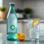 Garrafa de água com gás no balcão da cozinha ao lado de um copo com água borbulhante.