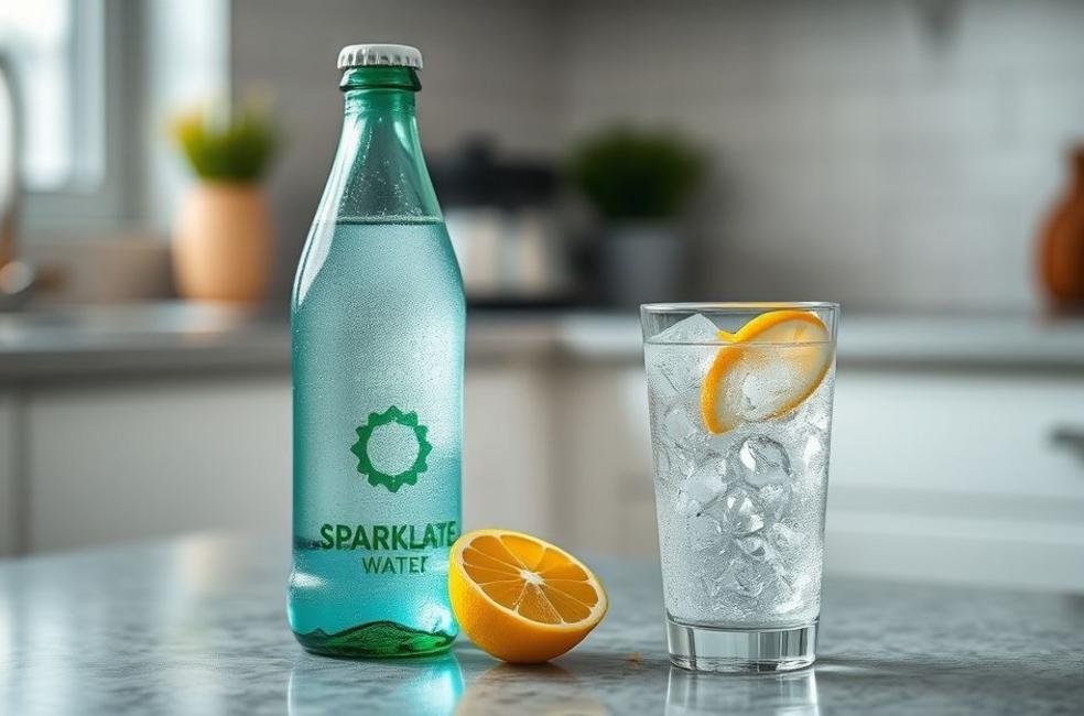 Garrafa de água com gás no balcão da cozinha ao lado de um copo com água borbulhante.