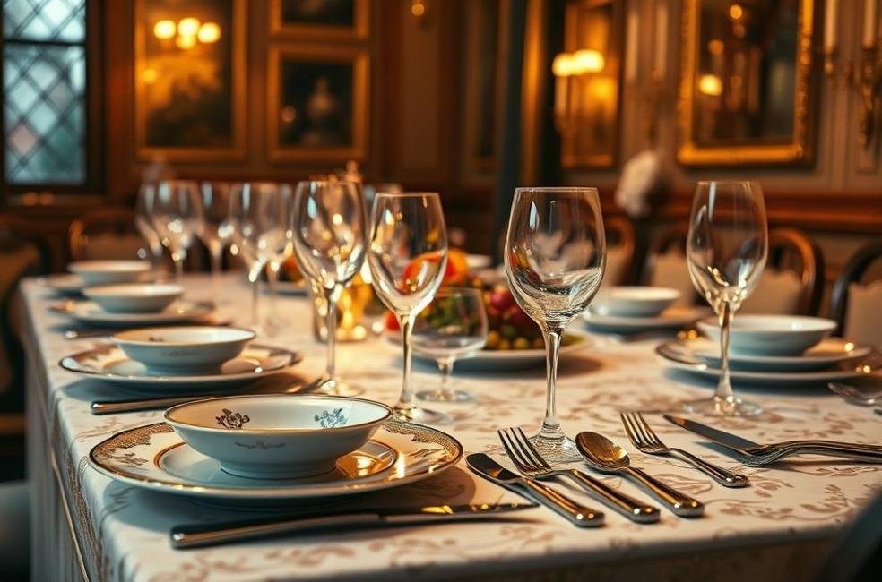 Mesa de jantar com faqueiro Tramontina e decoração sofisticada.