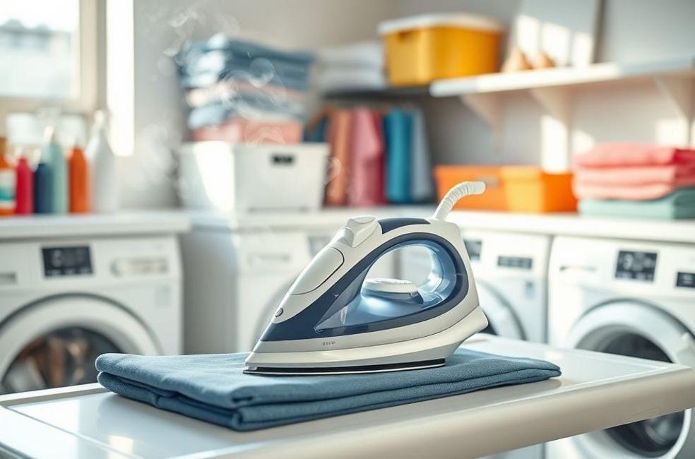 Uma visão geral de um ferro de passar a vapor em um ambiente de lavanderia organizado.
