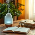 Configuração de casa aconchegante com um difusor elegante emitindo vapor aromático.