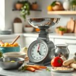 Cozinha estilizada com balança de precisão e ingredientes.