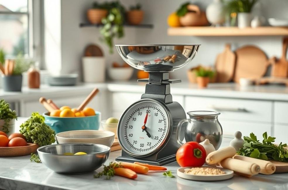 Cozinha estilizada com balança de precisão e ingredientes.