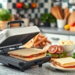 Uma cena de cozinha vibrante com ingredientes frescos e uma sanduicheira elétrica em destaque.