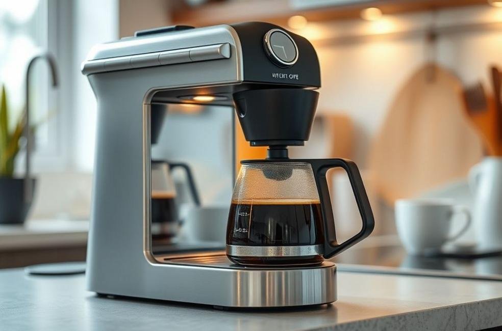 Cozinha moderna com cafeteira inox sendo usada
