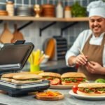 Cozinheiro feliz preparando sanduíches na cozinha.
