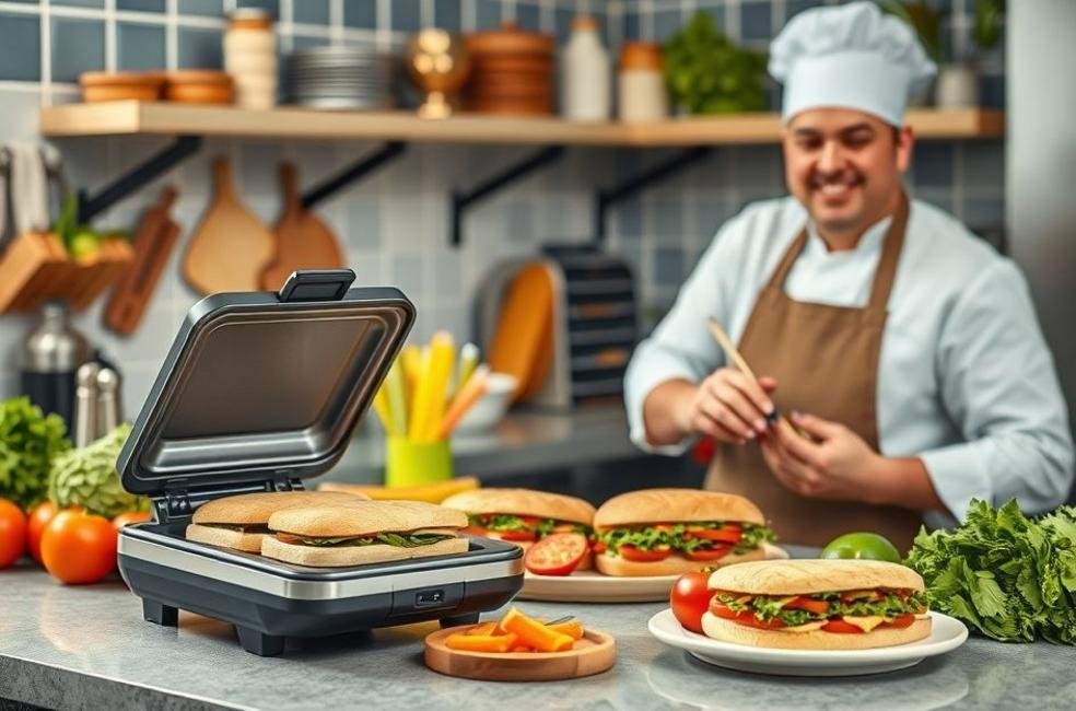 Cozinheiro feliz preparando sanduíches na cozinha.