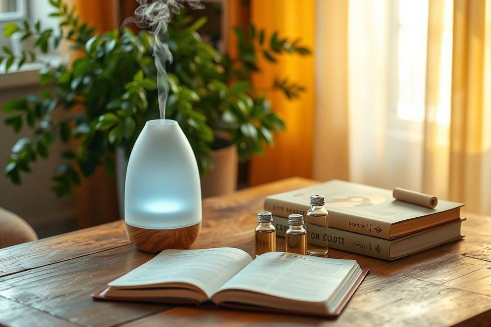 Sala de estar aconchegante com difusor elétrico decorativo.