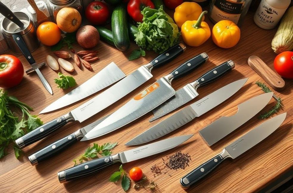 Uma bela cena de cozinha com facas de alta qualidade em destaque.