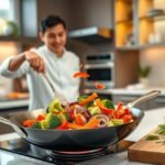 Chef cozinhando uma receita com frigideira de alta qualidade em uma cozinha vibrante