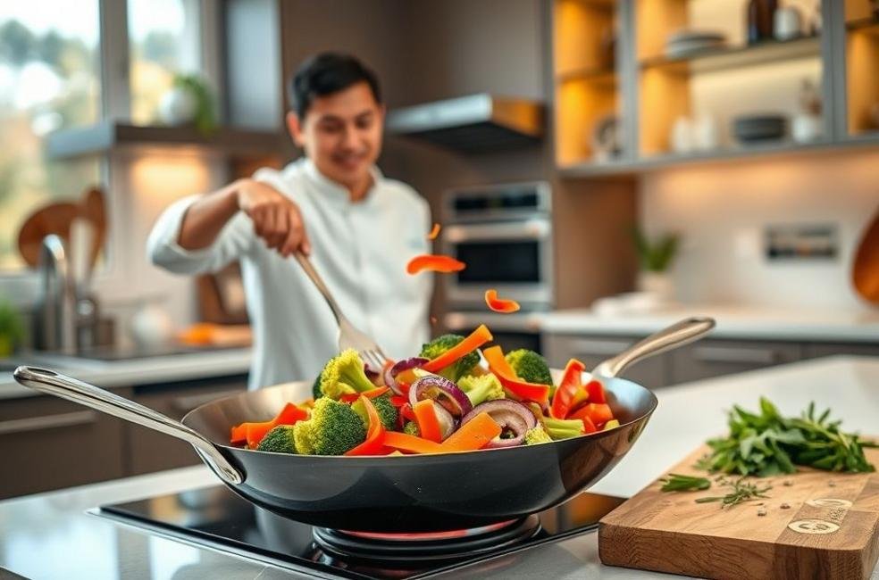 Chef cozinhando uma receita com frigideira de alta qualidade em uma cozinha vibrante