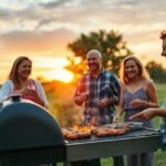Cenas de um churrasco ao ar livre com amigos e família se divertindo.