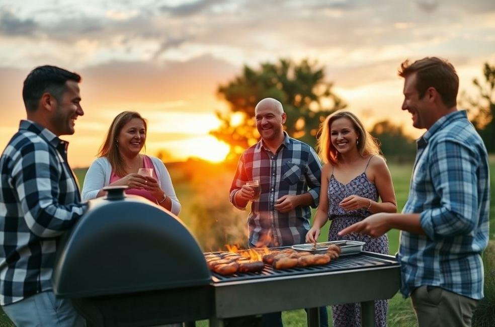 Cenas de um churrasco ao ar livre com amigos e família se divertindo.