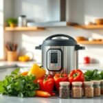 Cozinha vibrante com panela de pressão e ingredientes frescos.