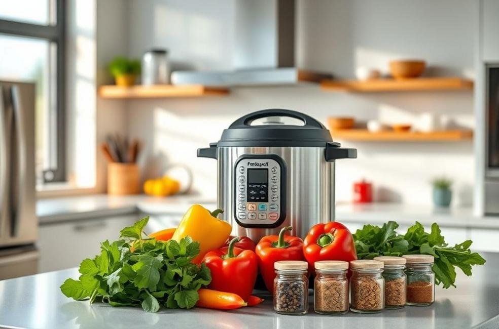 Cozinha vibrante com panela de pressão e ingredientes frescos.