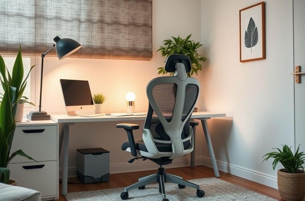 Configuração de escritório confortável com cadeira ergonômica