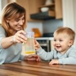 Pais dando um copo de transição ao filho, enfatizando a alegria e a prática na rotina alimentar.