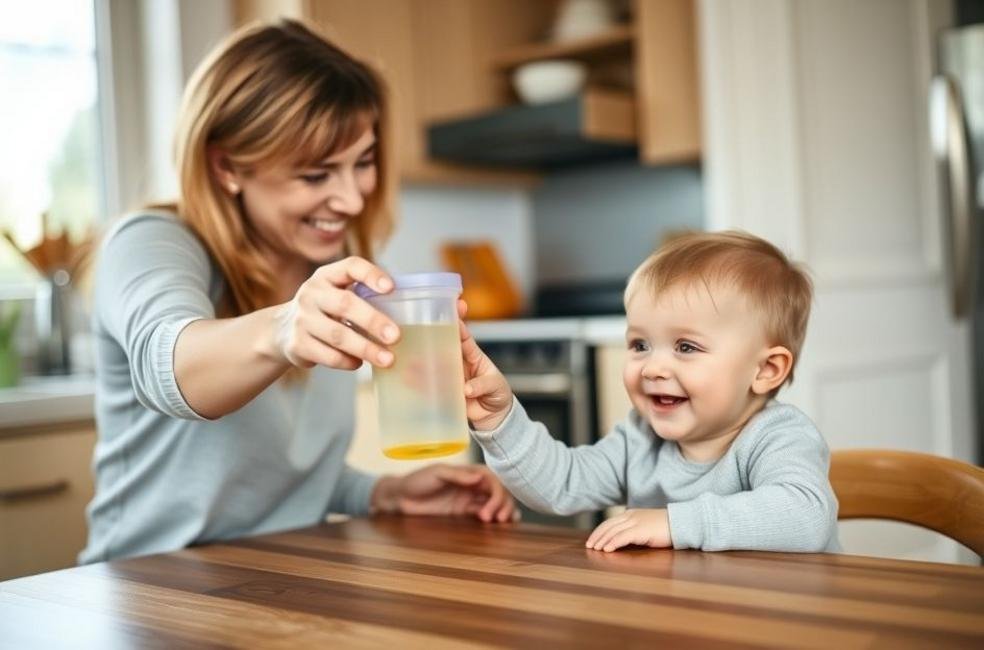 Pais dando um copo de transição ao filho, enfatizando a alegria e a prática na rotina alimentar.
